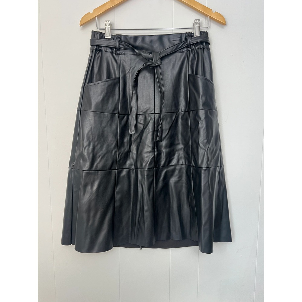 CATO Midi Skirt Women Small Black Vegan Leather Tie Waist Tiered Pockets